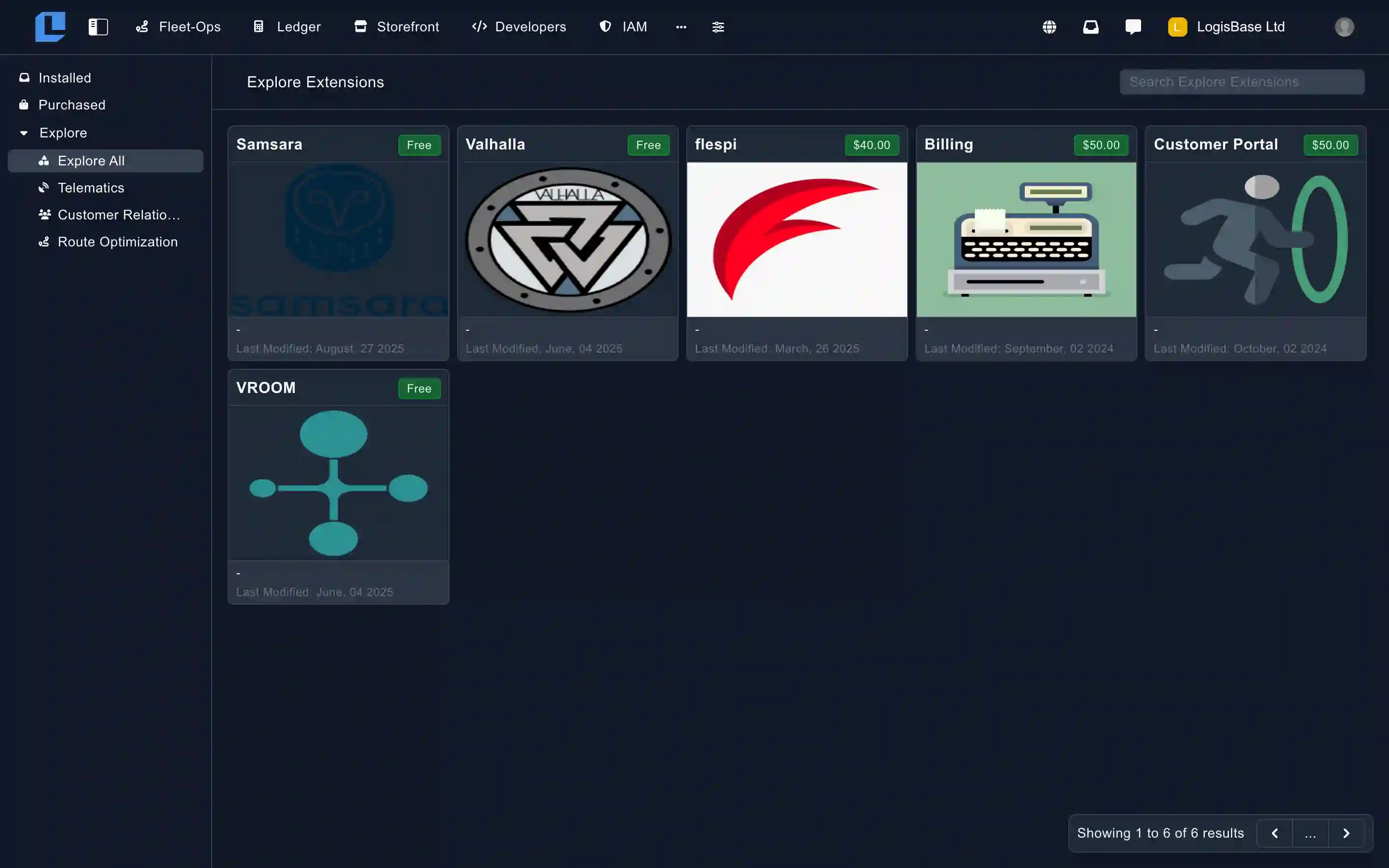 LogisBase extensions marketplace showing available modules and integrations