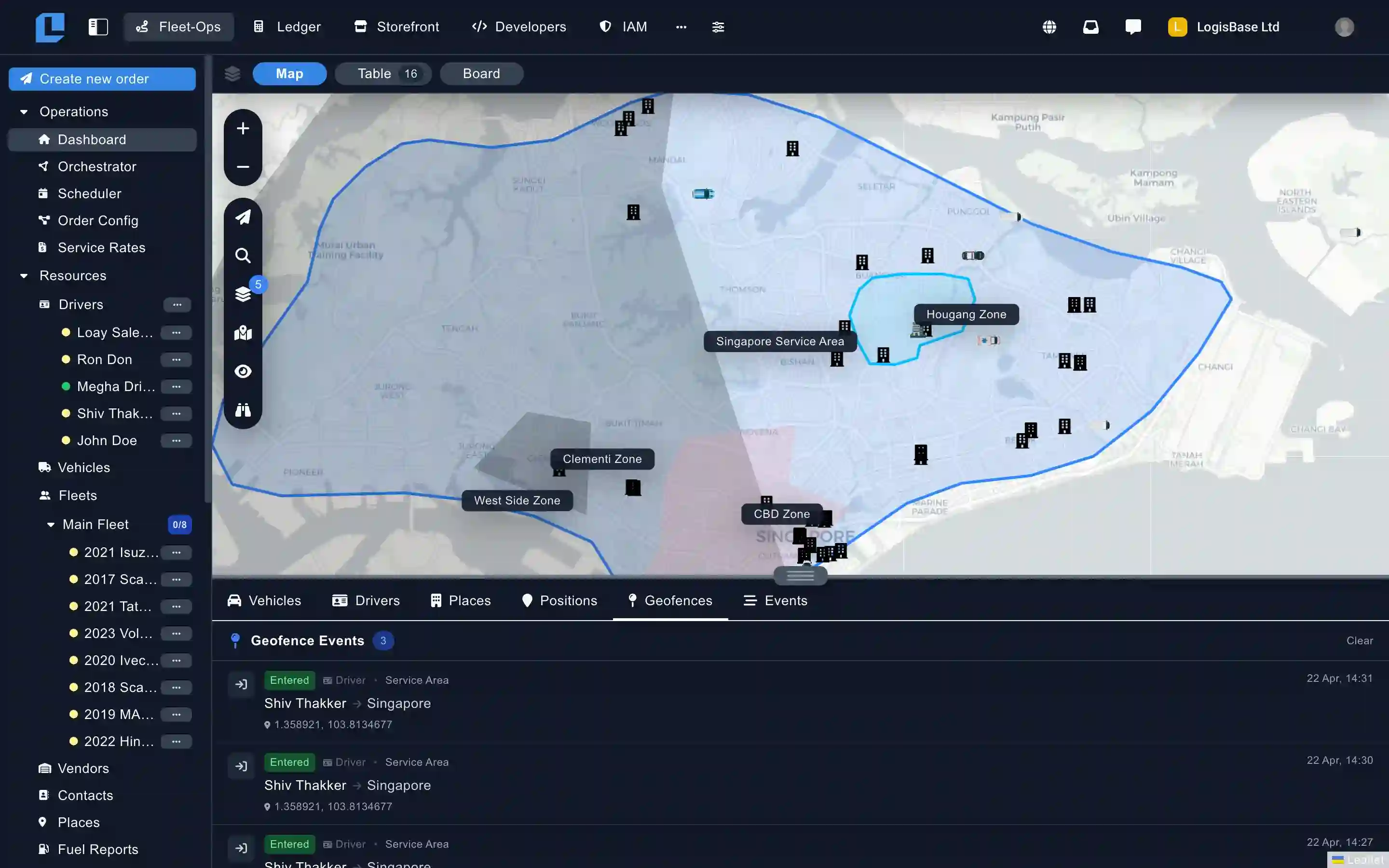 Fleet-Ops live map showing geofences drawn around pickup and dropoff zones for automatic status updates