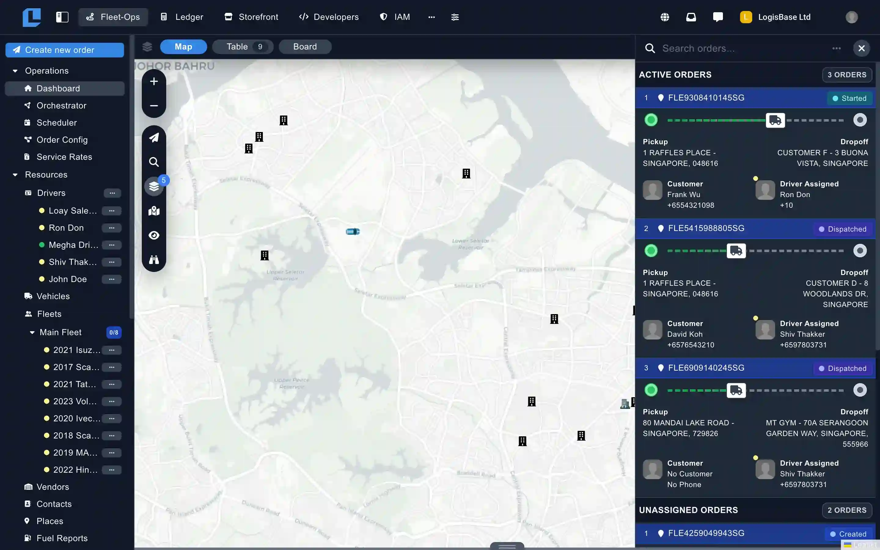 LogisBase platform showing the Fleet-Ops live operations dashboard with real-time fleet map, active orders, and driver positions