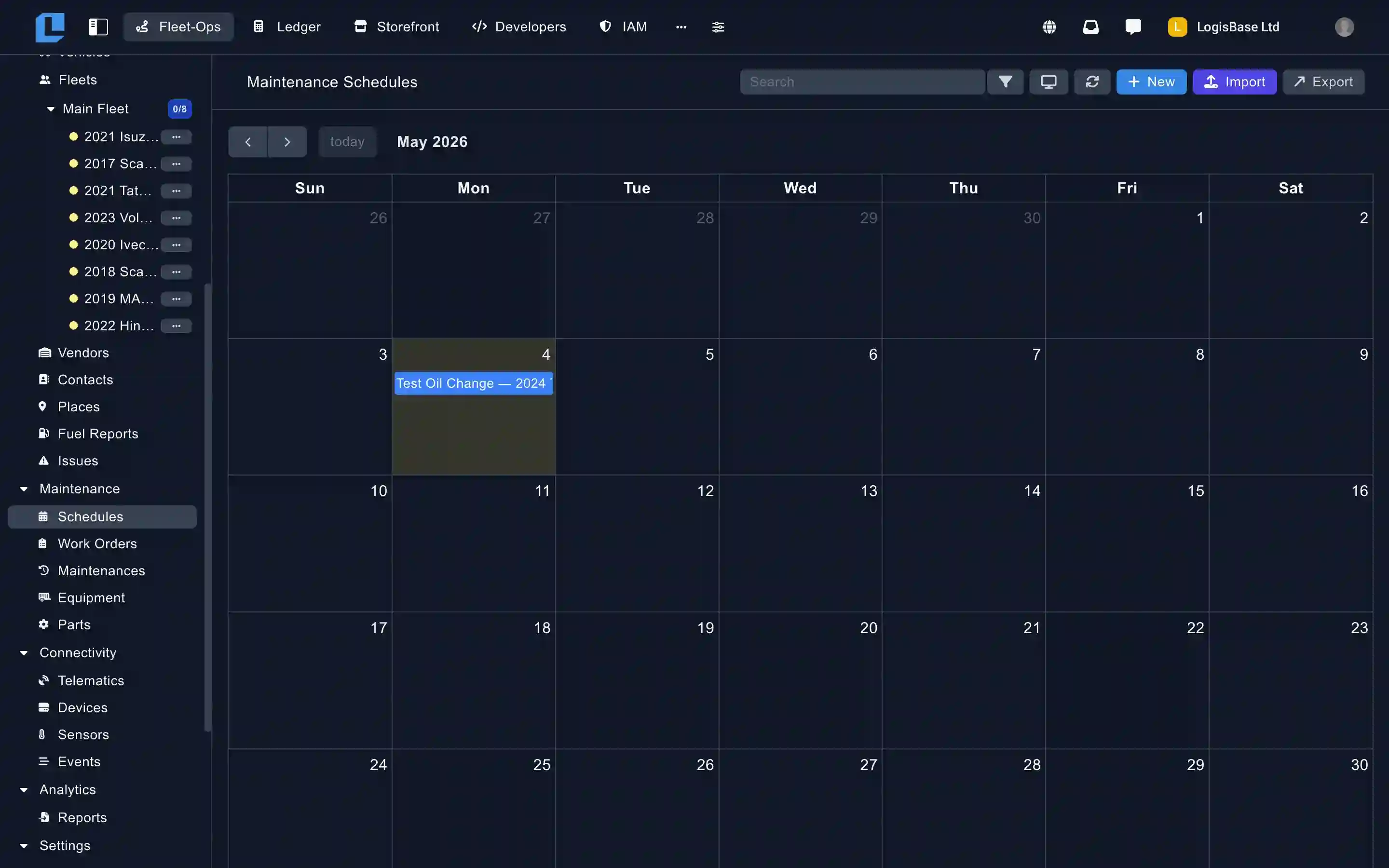 Fleet-Ops preventive maintenance schedules showing service intervals by mileage, engine hours, and calendar date