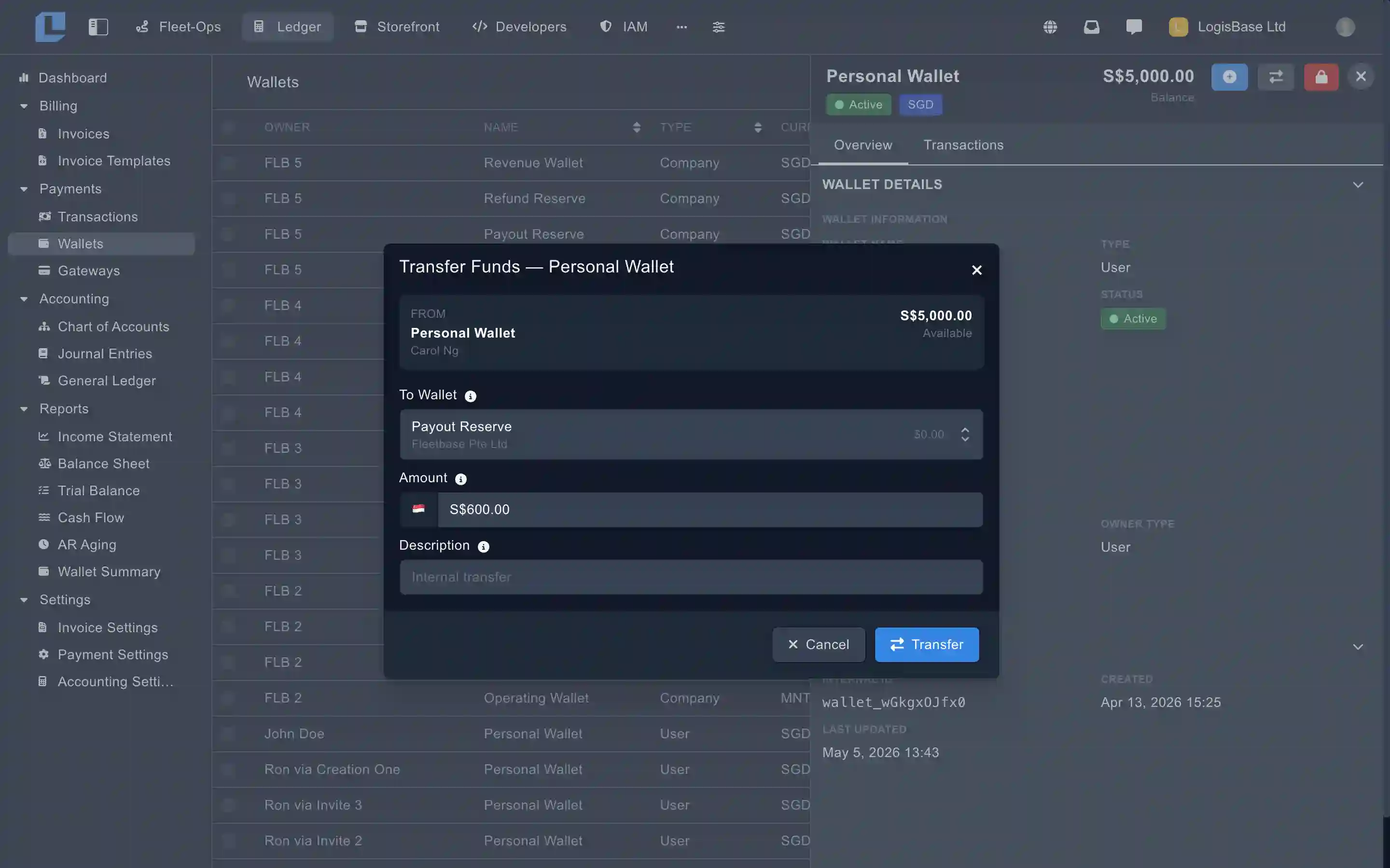 Ledger wallet transfer flow showing funds being moved between accounts with the resulting journal entry