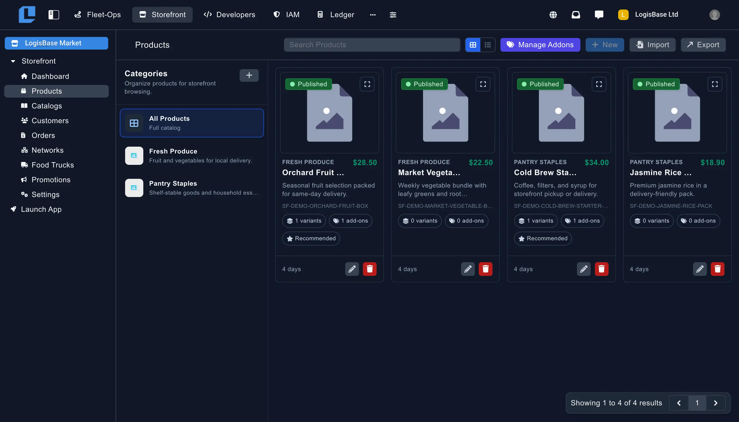 Storefront product catalog and order management interface